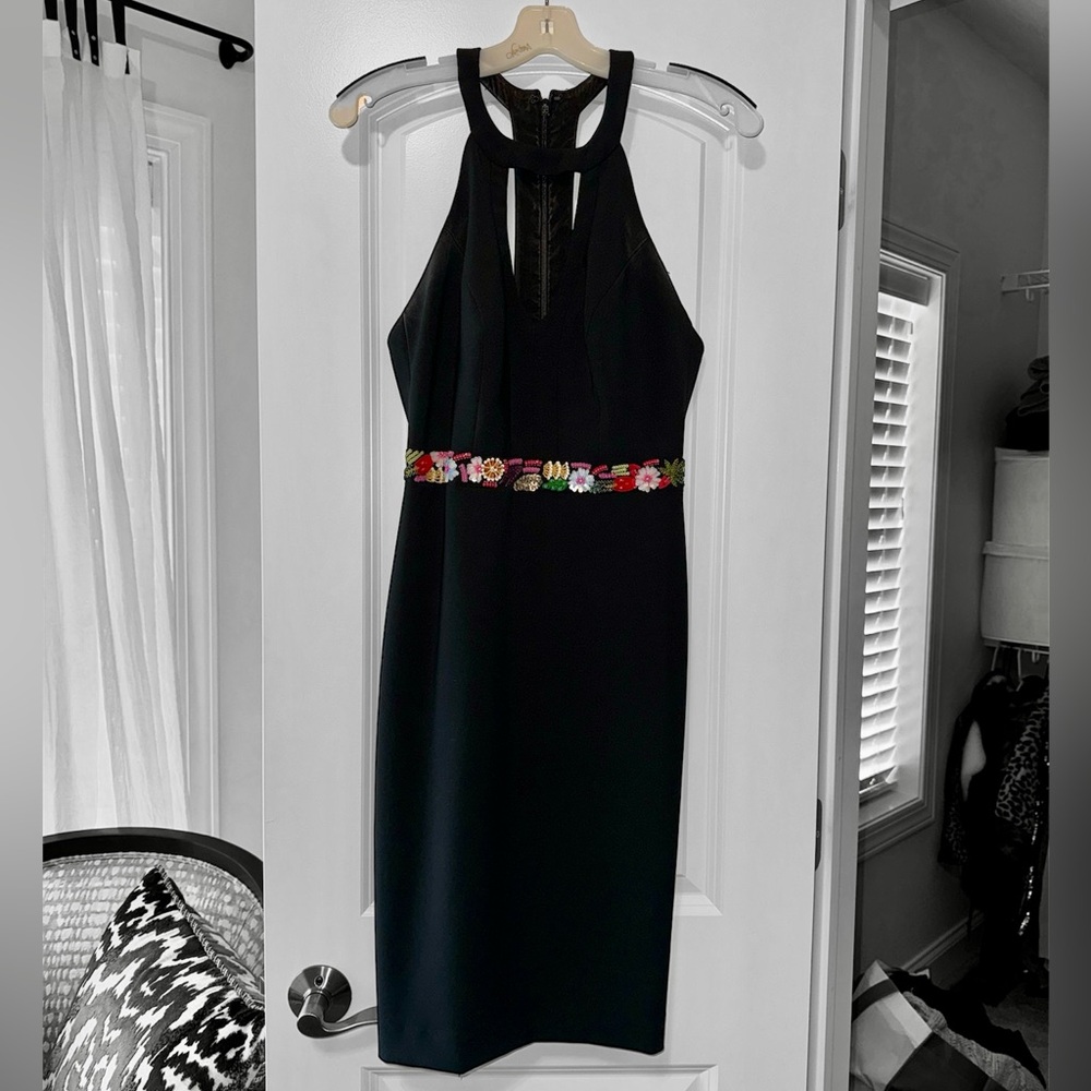 Nicole Miller t-back high neck black cocktail dress with sequin waist detail